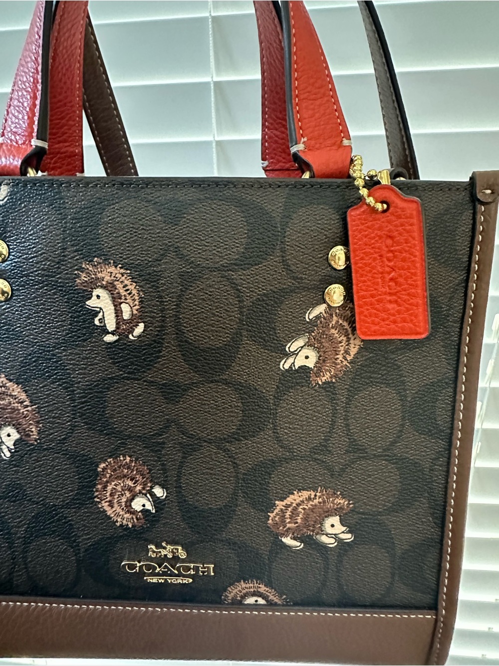Coach Dempsey 22 signature Hedgehog Print Tote in Brown with Red Handles - Picture 2 of 8